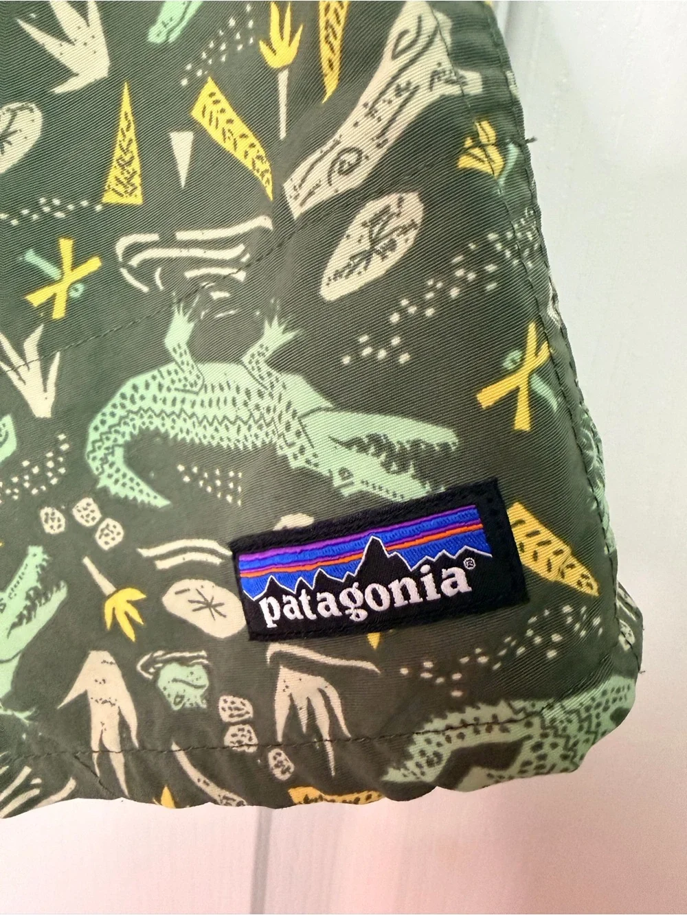 Patagonia Olive Green Swim Trunks with Yellow & Cream Print